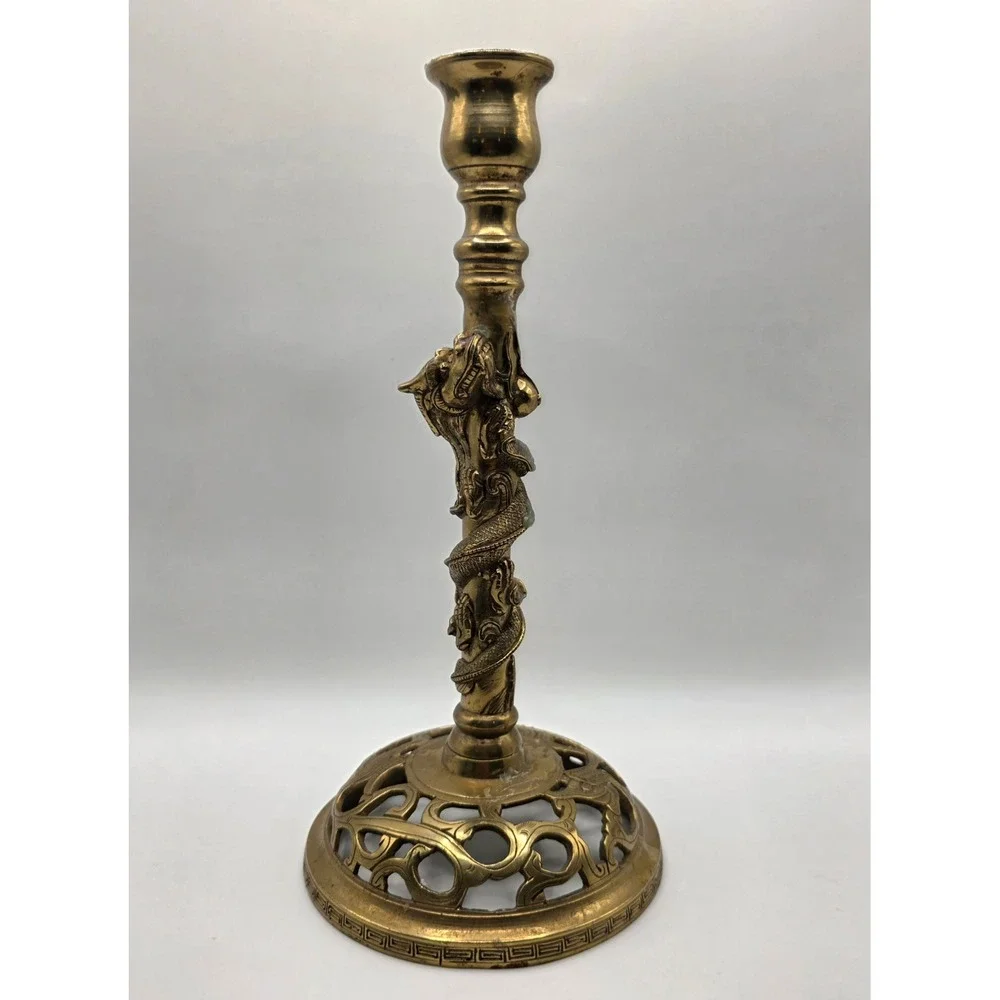 Vintage Brass Dragon Candlestick Holder Ornate Filigree Base 10 Inch Chinoiserie
